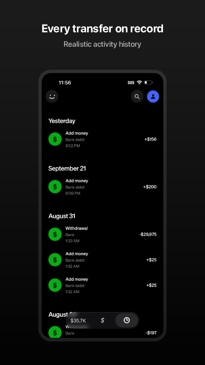 Cash Wallet Simulator: Every transfer on record